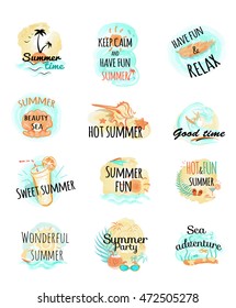 Set of summer logo icons. Summer time. Keep calm and have fun. Relax. Hot and fun summer at the sea. Wonderful summer. Party and adventure. Summer illustrations with headlines. Vector in fllat style