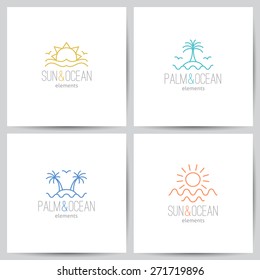 set of summer logo with sun, palm and sea