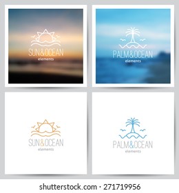 set of summer logo with sun, palm and sea