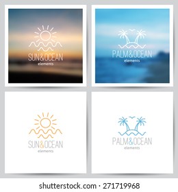 set of summer logo with sun, palm and sea