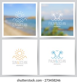 set of summer logo with sun, palm and sea on blurred seascape backgrounds and on white