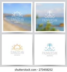 set of summer logo with sun, palm and sea on blurred seascape backgrounds and on white