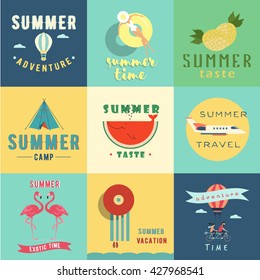 Set of summer logo vector illustration. Summer time. Summer taste. Summer camp. Summer adventure