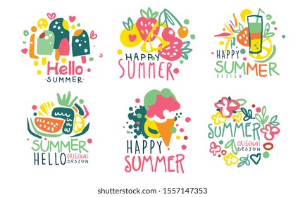 Set of summer logos in pink with yellow and blue colors. Vector illustration.