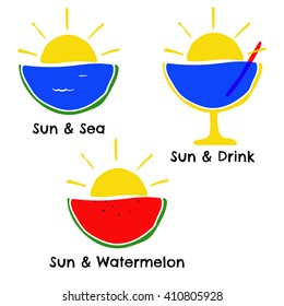 Set of summer logos with sun, sea, cocktail and watermelon