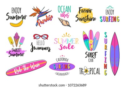 Set of Summer logos, tags, stickers and hand drawn elements for summer vacation, travel, beach party.