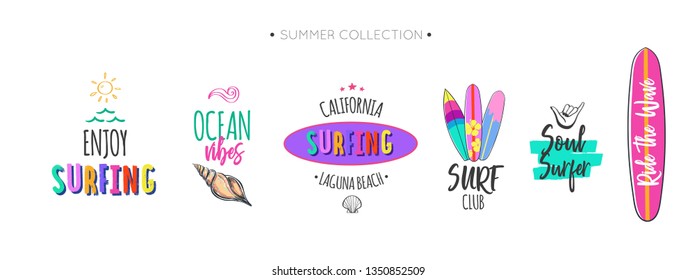 Set of Summer logos, tags, stickers and hand drawn elements for summer vacation, travel, beach party.
