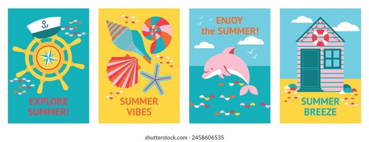 Set of summer marine backgrounds with cute dolphin, creative seashells, beach house and steering wheel. Abstract maritime and travelling backdrop. Vacation, recreation, jurney, trip. 