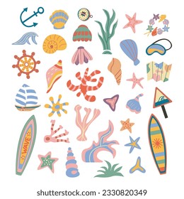 Set of summer marine fauna, seashells, and starfishes, isolated on white background. 