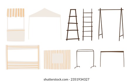 Set of summer market illustrations, fair equipment vector clipart, festival in park clip art, Flat style images, flags, grocery, tent, clothes, hanger, garland, vegetable, awning, kiosk, plant.
