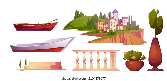 Set of summer mediterranean landscape with city on hill, boats, marble fence, steps and trees in pots. Vector cartoon illustrations of south european town, ships and balustrade