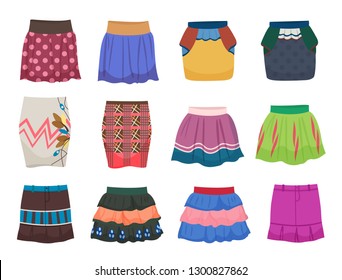 Set of summer mini skirts for girls, bright prints, different models, isolated on white background.