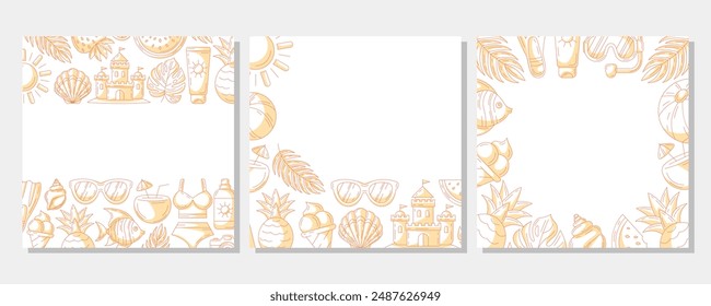 Set of summer minimalist square card, monochrome orange beach elements, accessories icons. Corner, upper, bottom border frame, space for text, isolated on white. For banner, invitation, poster