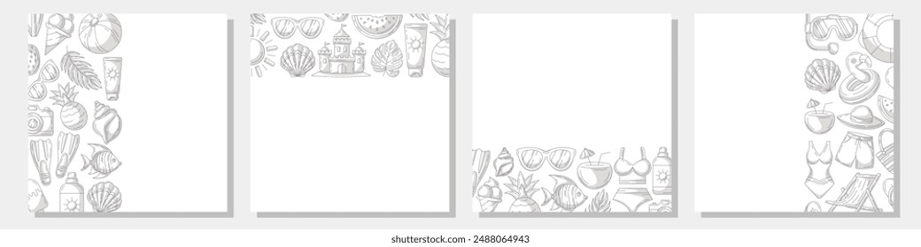 Set of summer minimalist square card, monochrome gray beach elements, accessories icons. Left, right side, upper, bottom border frame, copy space, isolated on white. For banner, invitation, poster