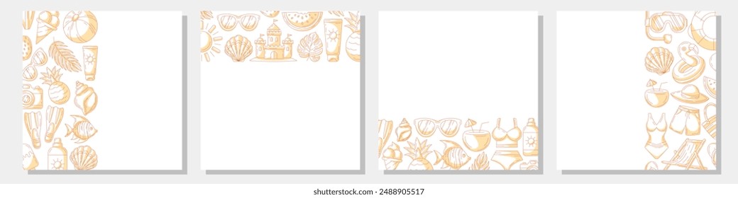 Set of summer minimalist square card, monochrome orange beach elements, accessories icons. Left, right side, upper, bottom border frame, copy space, isolated on white. For banner, invitation, poster