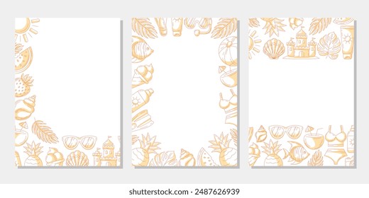 Set of summer minimalist vertical a4 poster, monochrome orange beach elements, accessories icons. Corner, upper, bottom border frame, copy space, isolated on white. For banner, invitation, sale, event