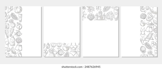 Set of summer minimalist vertical a4 poster, monochrome gray beach elements, accessories icons. Left, right side, upper, bottom border frame, copy space, isolated on white. For banner, invitation