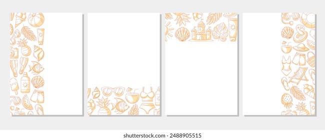 Set of summer minimalist vertical a4 poster, monochrome orange beach elements, accessories icons. Left, right side, upper, bottom border frame, copy space, isolated on white. For banner, invitation