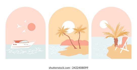 Set of summer minimalistic illustrations. Palm trees on the beach, a yacht in the ocean against the sunset, a chair by the sea. Tropical landscapes. Luxury resort concepts. Vector art of calmness.