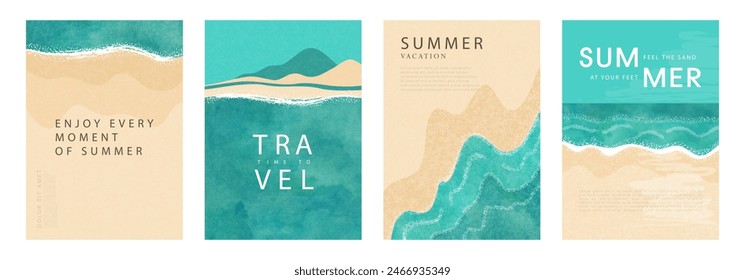 Set of summer minimalistic posters. Illustrations of sea, sandy beach, mountains. Modern flat design with grainy and watercolor texture. Template for brochure design, sales, covers and more