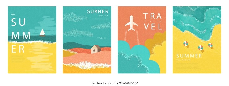 Set of summer minimalistic posters. Illustrations of sailboat in the sea, farmhouse in field, flying airplane in the clouds, sandy beach. Modern flat design with grainy texture. Template design for