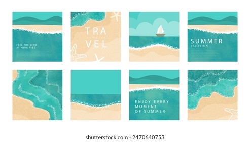 Set of summer minimalistic posters. Illustrations of sea, sandy beach, mountains. Modern flat design with grainy and watercolor texture. Template for brochure design, sales, covers and more