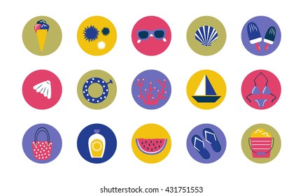 Set of summer modern relax vacation icons. Traveling, tourism theme. Vector