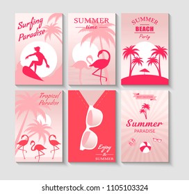 Set of summer monochrome retro posters with flamingo, sun glasses, surfer etc. Vector illustration poster, trendy minimalist brochure. Summertime posters