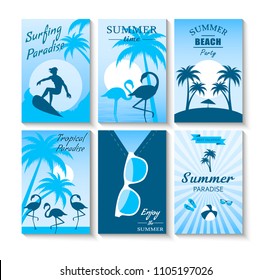 Set of summer monochrome retro posters with flamingo, sun glasses, surfer etc. Vector illustration vintage poster, trendy minimalist brochure. Summertime posters.
