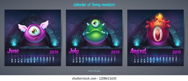 Set of summer months calendar 2019. For web, video games, user interface, design, print