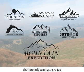 Set of Summer mountain explorer camp badge, logo and label templates. hiking, climbing style. Outdoor. Best for adventure sites, travel company etc. On blurred background. Vector illustration