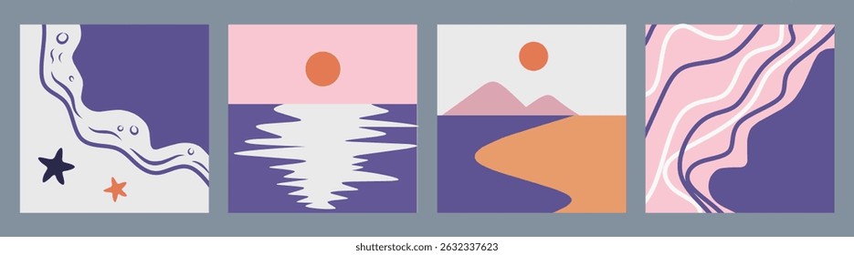 Set of Summer nature landscape poster, cover, card with sea view, sunny beach, mountains, wave, starfish, lake and sun. Square flat design for summer holidays, creative vacation travel illustrations.