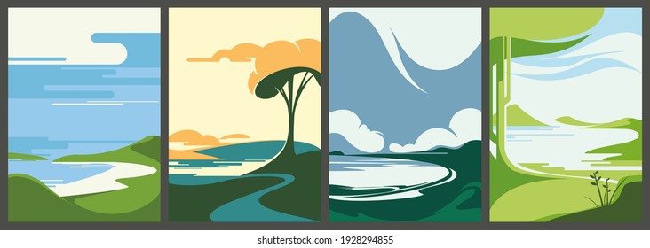Set von sommerlichen Naturplakaten. Kollektion von Landschaften im flachen Stil.