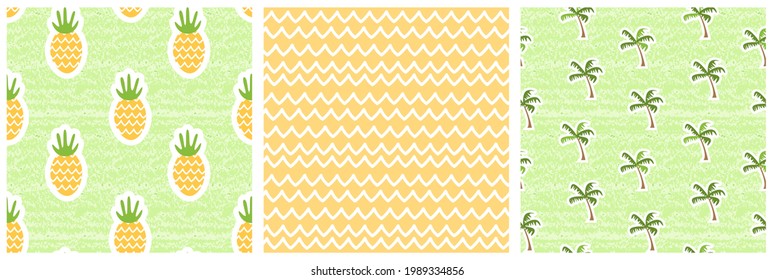 Set of Summer nature seamless patterns. Vector illustration of pineapples, palm trees, yellow waves. Shabby, aged effect