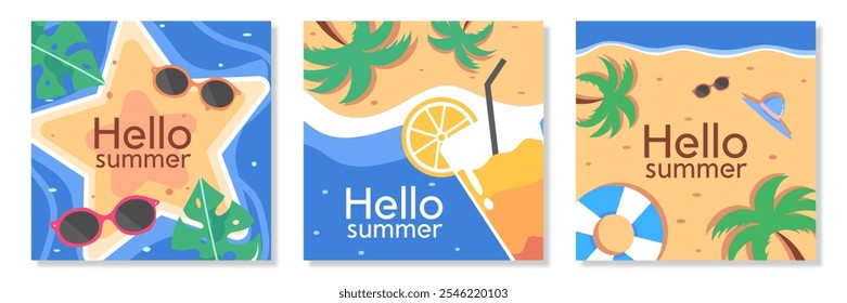 Set von Sommer Natur Platz Plakat, Social Media, Abdeckung, Karte mit Meer, Pflanze, Strand, Obstscheiben, Schwimmer, Baum und Typografie Design. Saisonale Feiertage, Urlaubsreise, Vektorgrafik.