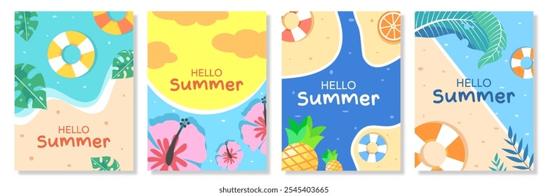 Set von Sommer Natur vertikale Plakat, Abdeckung, Kartenset mit Meerblick, sonniger Strand, Obstscheiben, Blumen, Blätter, Schwimmer und Typografie-Design. Saisonale Feiertage, Urlaubsreisen, Vektorgrafiken.