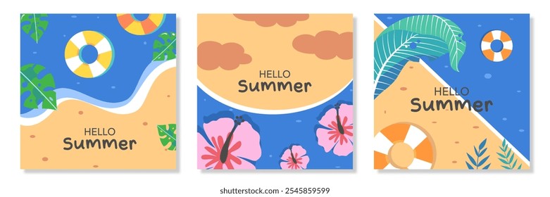 Set von Sommer Natur vertikale Plakat, Abdeckung, Karte mit Meer, Pflanze, Strand, Obstscheiben, Blumen, Blätter, Schwimmer, Baum und Typografie-Design. Saisonale Feiertage, Urlaubsreise, Vektorgrafik.