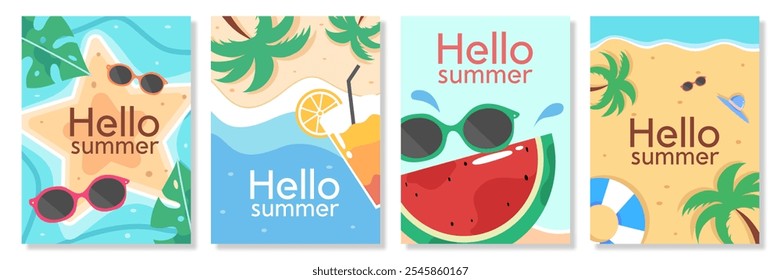 Set von Sommer Natur vertikale Plakat, Abdeckung, Karte mit Meer, Pflanze, Strand, Obstscheiben, Blumen, Blätter, Schwimmer, Baum und Typografie-Design. Saisonale Feiertage, Urlaubsreise, Vektorgrafik.