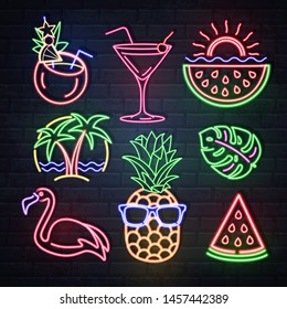 Set of summer neon sings. Neon isolated icons. Flamingo, pineapple, cocktail, tropic leaves, palms. Vintage electric signboard