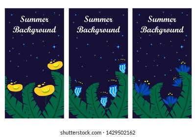 Set , summer night vector templates for social networks , place for text,banner,postcard ,tropical plants , flat style