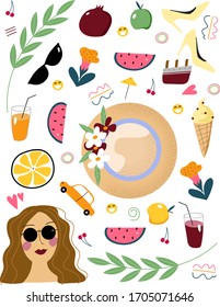 
Set of summer objects. Cute vector illustration for print, textile, banner.