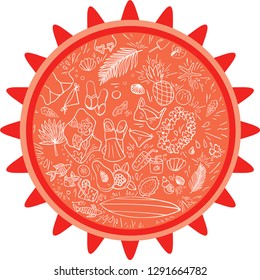 Set of summer objects. Hand drawn elements for design projects. Swimsuits, drinks, palm leaves, fruits, sun glasses and other. Vector illustration.