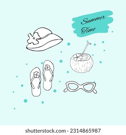 Set of summer objects. Hand-drawn summertime vacation attributes hat, slippers, sunglasses, and coconut drink. Hand-drawn sketch-style vector illustration isolated on white background. 