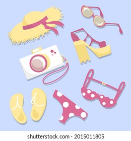 Set with summer objects isolated on gray background. Hat, glasses, shoes, camera, wet suit, flip flops. Vector illustration. Clip-art, poster, print, stickers design. Seasonal, beach, fashion, doodle.