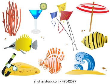 Set of summer objects and sea wildlife, vector illustration