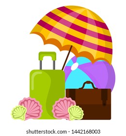 Set of summer objects. Umbrella, travel bag, beach ball and shells - Vector