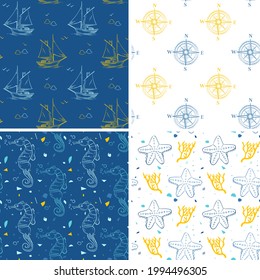 Set of Summer Ocean Tiles in blue, white and yellow, Vector Beach Seamless Patterns for prints, postcards, greeting cards, fabric.