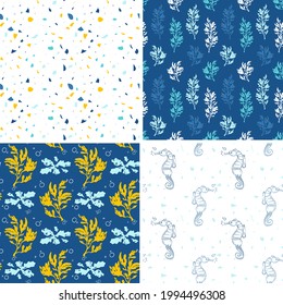 Set of Summer Ocean Tiles in blue, white and yellow, Vector Beach Seamless Patterns for prints, postcards, greeting cards, fabric.