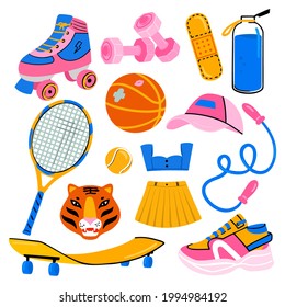 Set Of Summer Outdoor Activities Sport Equipment And Wear For Young Woman. Flat Icons Collection With Tennis Rackets And Skateboard, Tiger And Roller Isolated On A White Background. Vector Illustratio