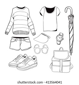  A set of summer outfit collection. Vector of hand drawn fashion clothes and accessories illustration